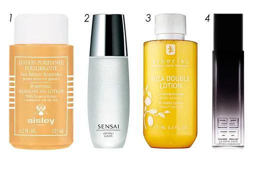 1 — Лосьон Purifying Re-Balancing Lotion, Sisley, 5850 руб.; 2 — Лосьон Cellular Performance Lotion 1 Light, Sensai, 3330 руб.; 3 — Двухфазный лосьон Yuza Double Lotion, Erb orian, 2900 руб.; 4 — Лосьон Le Soin Noir Lotion Ess ence, Givenchy, 8300 руб.