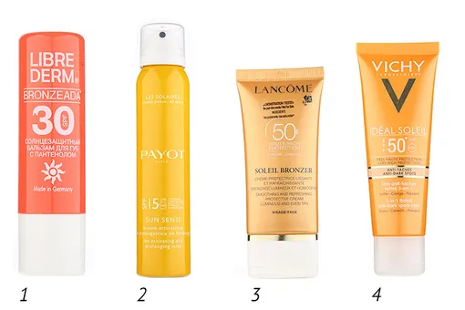 1 — Солнцезащитный бальзам для губ с пантенолом Bronzeada SPF 30, Librederm, 218 руб.; 2 — Дымка-спрей для активации и продления за- гара Sun Sensi SPF 15, Payot, 2250 руб.; 3 — Солнцезащитный крем для сухой кожи лица Soleil Bronzer Dry Touch SPF 50, Lancoˆ me, 2470 руб.; 4 — Тонирующее средство против пигментных пятен Capital Soleil SPF 50+, Vichy, 1446 руб.