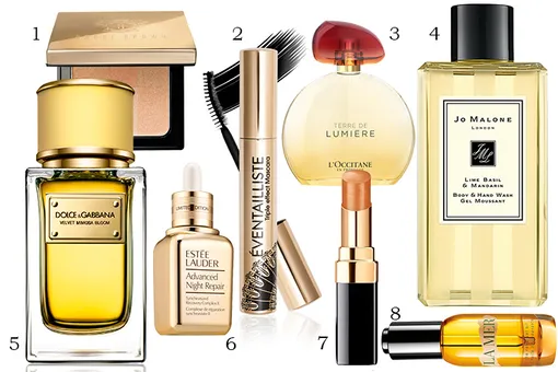 1 — Bobbi Brown многофункциональная пудра Brightening Brick Naked; 2 — Vivienne Sabo тушь для ресниц Eventailliste; 3 — L’Occitane Terre De Lumiere; 4 — Jo Malone гель для душа Lime Basil & Mandarin; 5 — Dolce & Gabbana парфюмерная вода Velvet Mimosa Bloom; 6 — Estée Lauder сыворотка для лица Advanced Night Repair; 7 — Chanel помада Rouge Coco Shine; 8 — La Mer обновляющее масло для лица Renewal Oil Set.