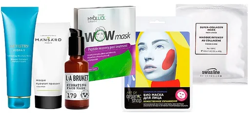 Artistry Hydra-V Refreshing Moisture Mask; Laboratories Mansard Masque Hydratant Apaisant; L:A Bruket Hydrating Face Mask; Hyalual Wow Mask; Art of Organic Shop Био маска для лица; Swissline Super-Collagen Mask