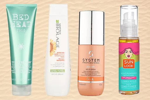1 — Шампунь-желе Bed Head Totally Beachin’, Tigi, 845 руб.; 2 — Шампунь для использования после солнца Sunsorials, Matrix Biolage, 765 руб.; 3 — Водостойкая дымка-спрей для защиты волос от солнца Solar, Helio-Spray, Sol 6, System Professional, 2000 руб.; 4 — Двухфазный кондиционер для защиты волос от солнца Sun Look, 169 руб. 1 — Шампунь-желе Bed Head Totally Beachin’, Tigi, 845 руб.; 2 — Шампунь для использования после солнца Sunsorials, Matrix Biolage, 765 руб.; 3 — Водостойкая дымка-спрей для защиты волос от солнца Solar, Helio-Spray, Sol 6, System Professional, 2000 руб.; 4 — Двухфазный кондиционер для защиты волос от солнца Sun Look, 169 руб.