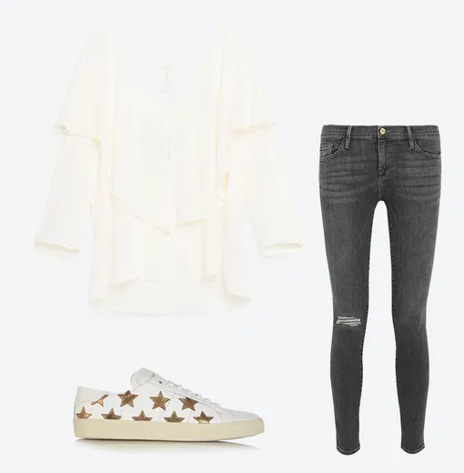 Блузка Zara, кеды Saint Laurent, джинсы Frame