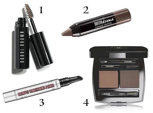 1. Тушь для бровей Bobbi Brown Brow Shaper & Hair Touch Up 2. Моделирующее средство для бровей Maybelline Brow Drama Pomade 3. Праймер для бровей Benefit Browvo! Conditioning Primer 4. Набор для макияжа бровей La Palette Souscils De Chanel