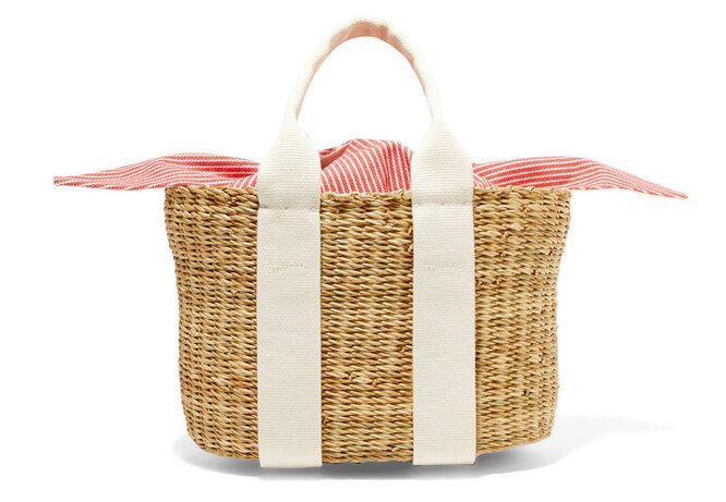 Плетеная сумка Muuñ с полосатым внутренним «мешком» и текстильными ручками, примерно 6781 руб. (на сайте Net-a-porter)