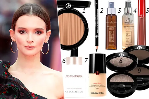 1. Бронзирующая пудра Sun Fabric (№100); 2. карандаш для глаз Smooth Silk Eye Pencil (№4.0); 5. бархатный гель для губ Lip Maestro (№200); 6. интелектуальная увлажняющая сыворотка Armani Prima Smart Moisture Serum; 7. тональный крем Power Fabric; 8. тени для век Eyes To Kill Solo (№9); 9. тени для век Eyes To Kill Solo (№4). Все — Giorgio Armani Beauty. 3. Натуральный неаэрозольный спрей-лак Natural Spray; 4.Спрей для блеска и увлажнения волоc Revitalizing Spray. Все — Philip Martin's.