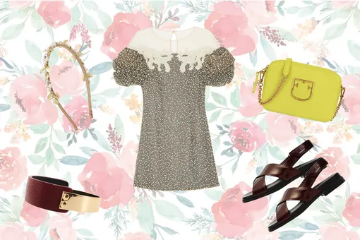 Мини — платье, Alena Akhmadullina; кожаные сандалии, Prada; желтая сумка, Furla; ободок с жемчугом и кристаллами, Lisa Smith; браслет из кожи и металла, Tannum