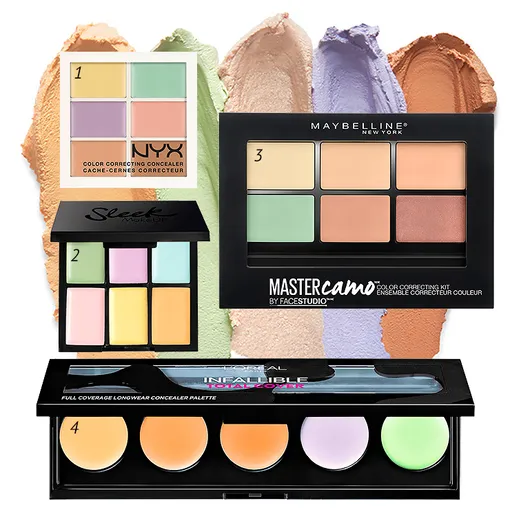 1 — NYX Корректор Color Correcting Concealer; 2 — Sleek Make Up Корректор Colour Corrector Palette; 3 — Maybelline New York Корректирующая палетка для лица Master Camo; 4 — L'oreal Paris Корректор Infallible Total Cover Color Correcting Kit 1 — NYX Корректор Color Correcting Concealer; 2 — Sleek Make Up Корректор Colour Corrector Palette; 3 — Maybelline New York Корректирующая палетка для лица Master Camo; 4 — L'oreal Paris Корректор Infallible Total Cover Color Correcting Kit