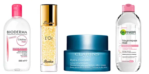 Bioderm Мицеллярная вода Crealine H2O; Guerlain Эссенция для лица с золотом L’Or; Clarins Увлажняющий крем Hydra-Essentiel; Garnier Мицеллярная вода