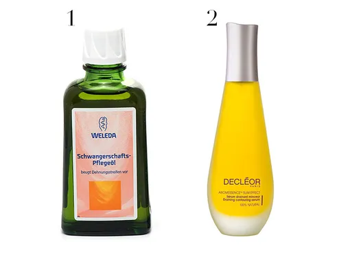 1. Масло для профилактики растяжек Weleda; 2. Сыворотка Decleor Aromessence Slim Effect Draining Contouring Serum