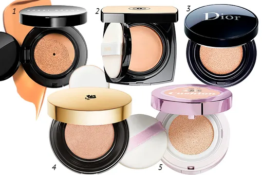 1. Bobbi Brown Компактное тональное средство-кушон Skin Foundation Cushion Compact; 2. Chanel Тональный крем-гель Les Beiges Touche de Teint Belle Mine; 3. Dior Кушон Diorskin Forever Perfect Cushion; 4. Lancôme Компактный крем-флюид Teint Idole Ultra Cushion; 5. L’Oréal Paris Компактный тональный флюид Nude Magique Cushion