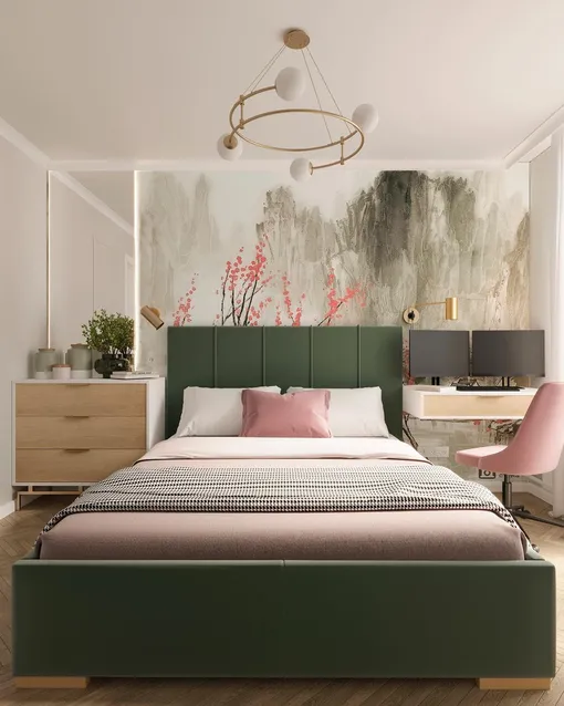 Интерьер спальни в нейтральных оттенках с зеленым акцентом
