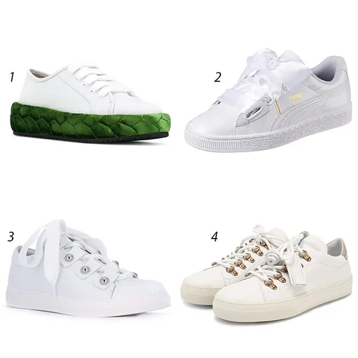 1 — Marco De Vincenzo, 38 900 рублей на Farfetch; 2 — Puma Basket, 7 990 рублей; 3 — Sonia By Sonia Rykiel, 16 000 рублей на Farfetch; 4 — Tod's, 32 150 рублей в ЦУМе